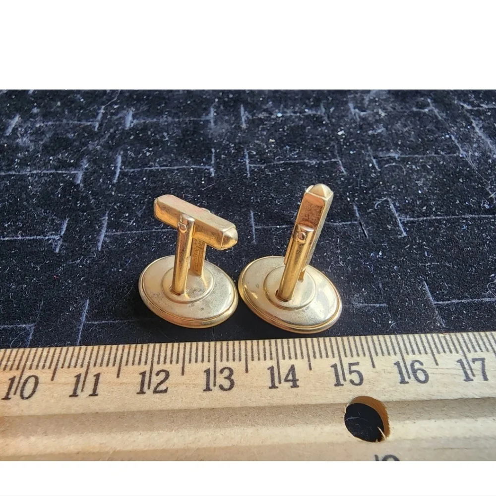 Vintage Cufflink Set Gold Tone Red Glass Gem Used